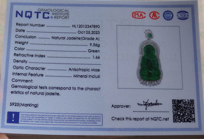 Sterling Silver 925 Certified Icy Green Burma 100% Natural A JADE Jadeite pendant Guanyin Kwan Yin Lotus Flower Necklace 观音 636112  TN