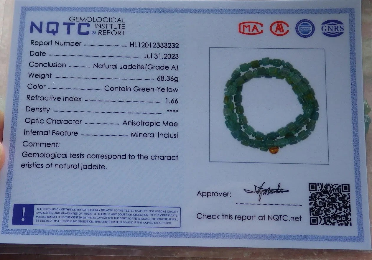 Certified Icy Yellow Green Burma 100% Natural A JADE Jadeite Bead Beads Circle Necklace 25 inches 项链 617389  TN