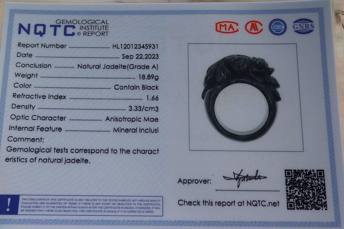 Certified Black Green Burma 100% Natural A JADE Jadeite Gold Fish RING USA. 12.5 戒指 634303  TN