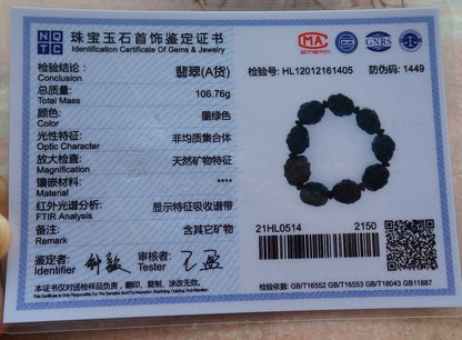 Certified Black Green 100% Natural A JADE Jadeite Bead Beads Bangle Beads Bangle Beads Bangle Da Mo Bracelet 墨翠手链 523536 TN ** It can adjust  8  inches  to 9 inches