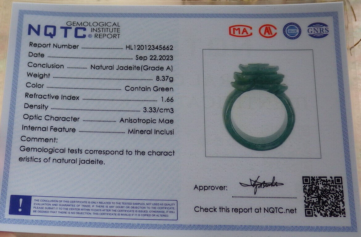Certified Icy Green Burma 100% Natural A JADE Jadeite Rose Flower RING USA. 8.5 花戒指 633926  TN