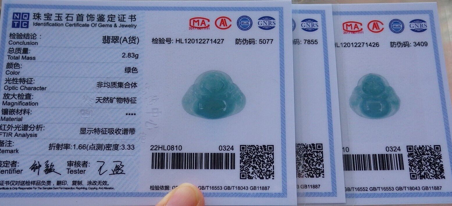 3 Pcs Certified Icy Green Burma 100% Natural A Jade jadeite Pendant  Buddha God Necklace  开心佛 575264 TN