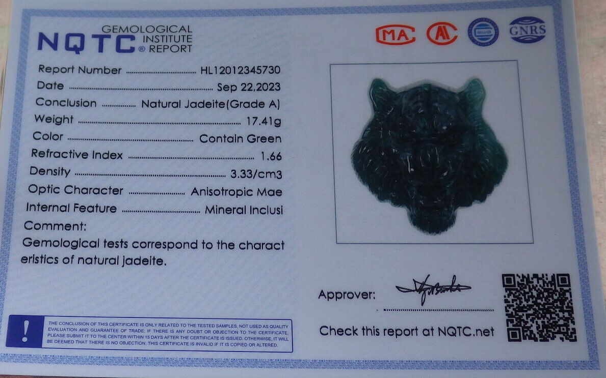認證冰綠緬甸 100% 天然 A 翡翠吊墜虎頭項鍊 虎虎生威 636150 TN