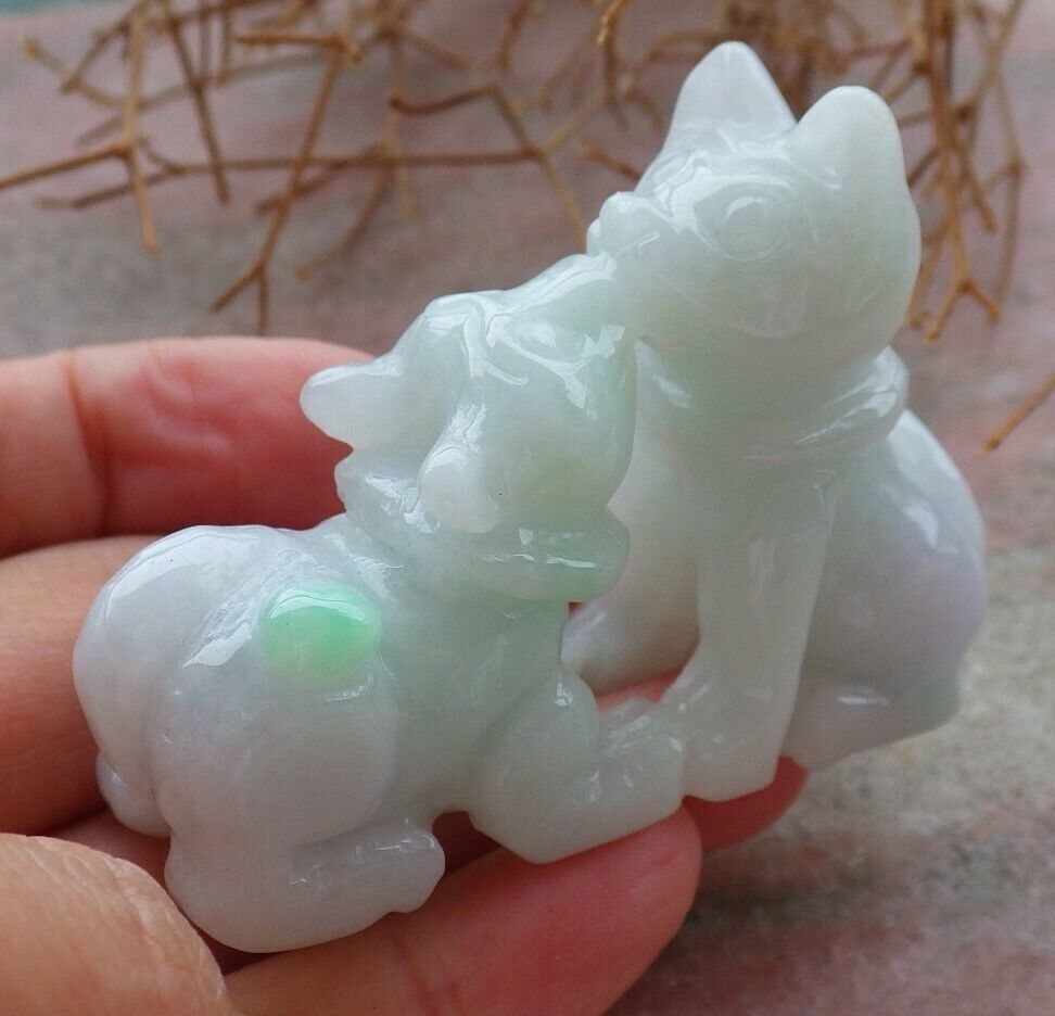 Certified Green Pale Lavender 100% Natural A Jade jadeite Display Pendant Twin Cat 招财猫 520700  TN ** Include woodstand **