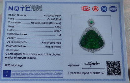 Icy Green Silver 925 Certified Burma 100% Natural A JADE Jadeite pendant Happy Buddha God Necklace 佛公 635107   TN