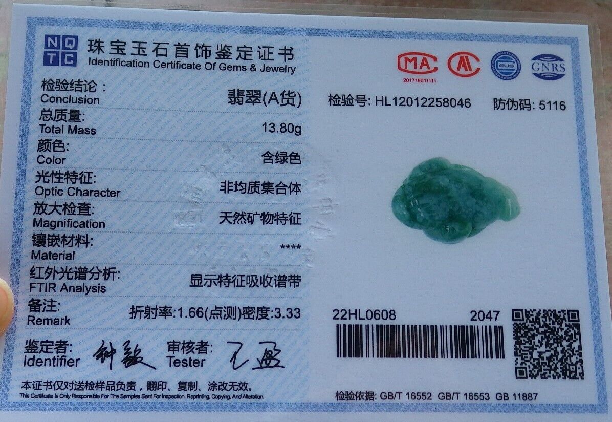 Certified Green Burma 100% Natural A Jade jadeite Pendant Frog Toad Money Coin Necklace 招财蟾 574770 TN
