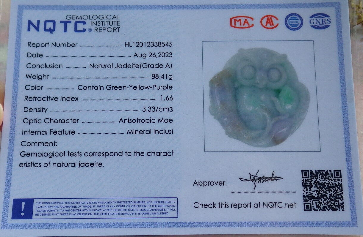 Certified Green Pale Lavender Burma 100% Natural A Jade jadeite Pendant Owl Lotus Flower Necklace 猫头鹰 632920  TN
