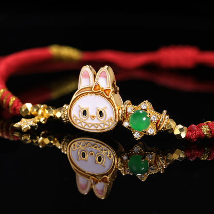 S925 Silver labubu with Natural jade hand woven rope（Adjustable length）