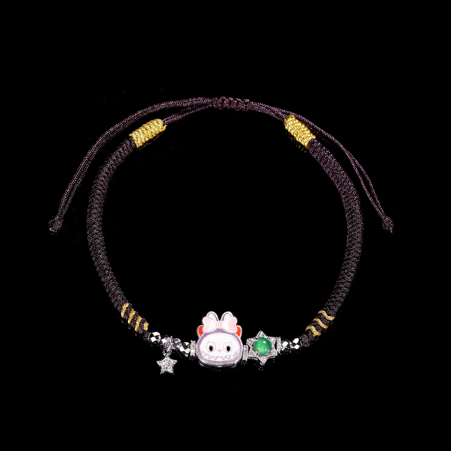 S925 Silver labubu with Natural jade hand woven rope（Adjustable length）