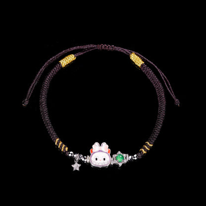 S925 Silver labubu with Natural jade hand woven rope（Adjustable length）