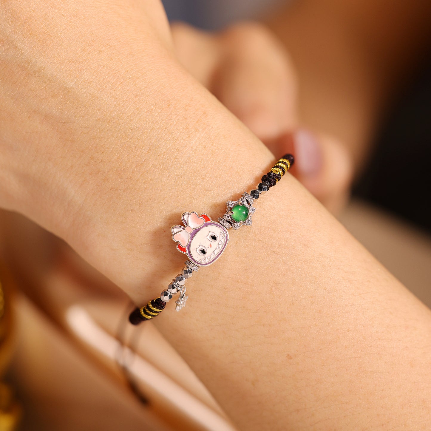 S925 Silver labubu with Natural jade hand woven rope（Adjustable length）