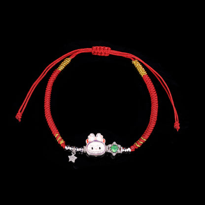 S925 Silver labubu with Natural jade hand woven rope（Adjustable length）