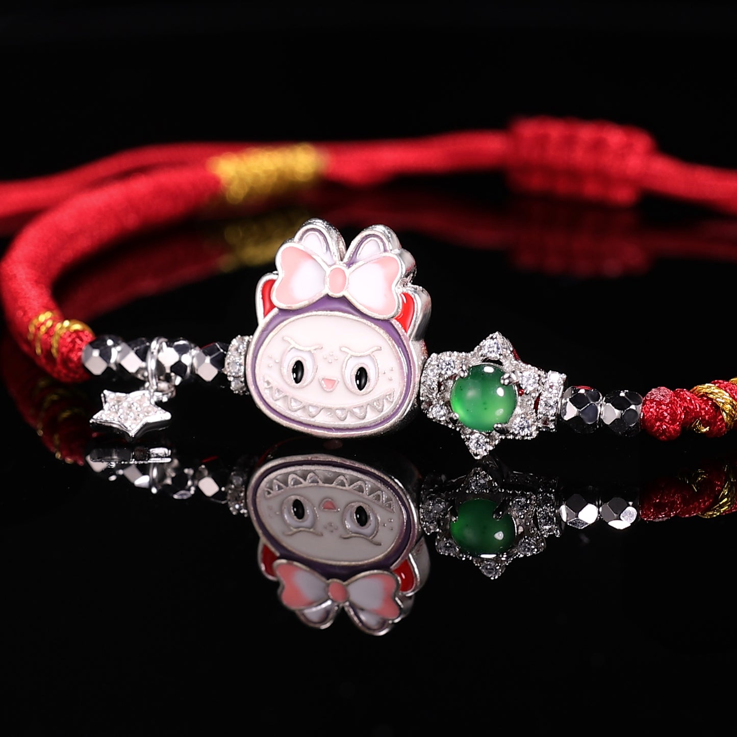 S925 Silver labubu with Natural jade hand woven rope（Adjustable length）