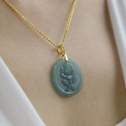 The Rose Flower Pendant Jadeite 100% Natural Burma Jade Jadeite With Certificated (S925 Silver Buckle)