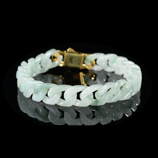 This is the only one white jade Cuban bracelet with green floating flowers（Copper gold-plated inlay）