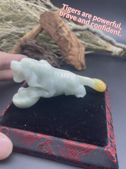 Certified Yellow Green Burma 100% Natural A Jade jadeite Display Tiger Yuan Bao 老虎 642036  TN