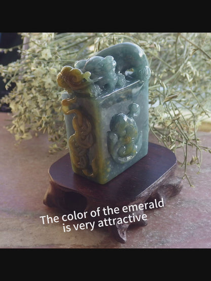 Certified Icy Yellow Green Burma 100% Natural A Jade jadeite Display Dragon Pi Xiu Bead Lotus Flower Ruyi Coin Chop Seal 印章 644520  TN