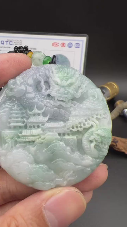 Certified Lavender Green Burma 100% Natural A Jade jadeite Pendant Landscape painting Dragon Teer Necklace 山水画 639323  TN
