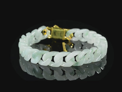 This is the only one white jade Cuban bracelet with green floating flowers（Copper gold-plated inlay）